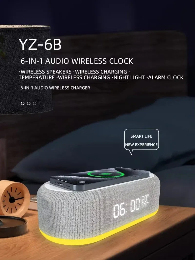 Wireless Charger Pad Bluetooth Speaker Alarm Clock with LED Light Thermometer Fast Charging Station for iPhone Samsung Earphones