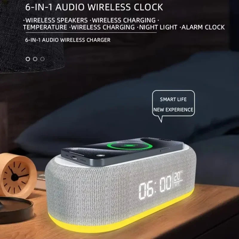 Wireless Charger Pad Bluetooth Speaker Alarm Clock with LED Light Thermometer Fast Charging Station for iPhone Samsung Earphones