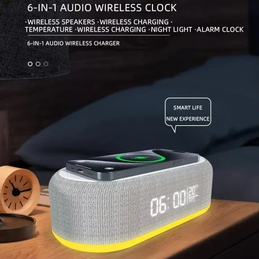 Wireless Charger Pad Bluetooth Speaker Alarm Clock with LED Light Thermometer Fast Charging Station for iPhone Samsung Earphones